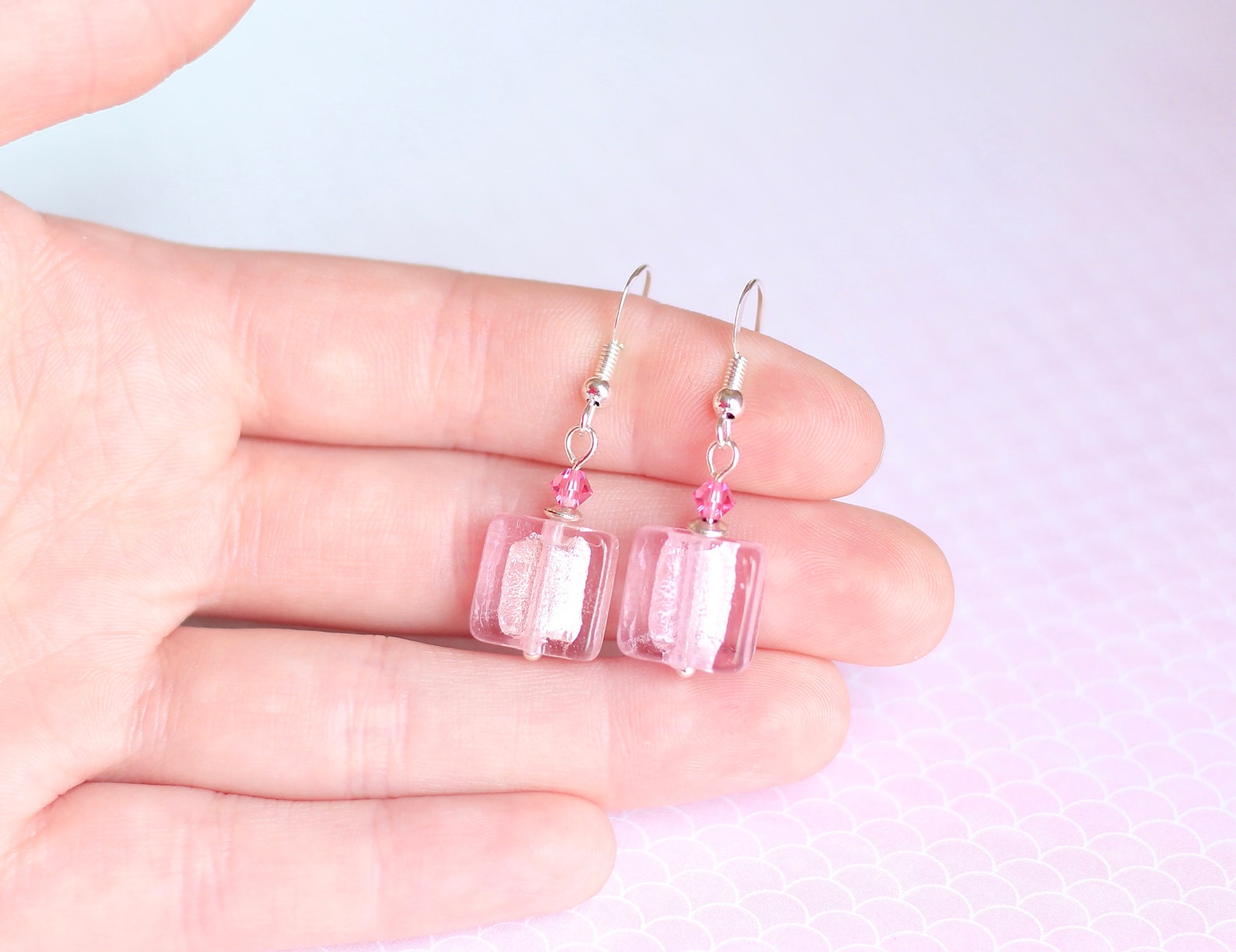 Pastel Pink Earrings Silver Foil Lampwork Glass Earrings Etsy