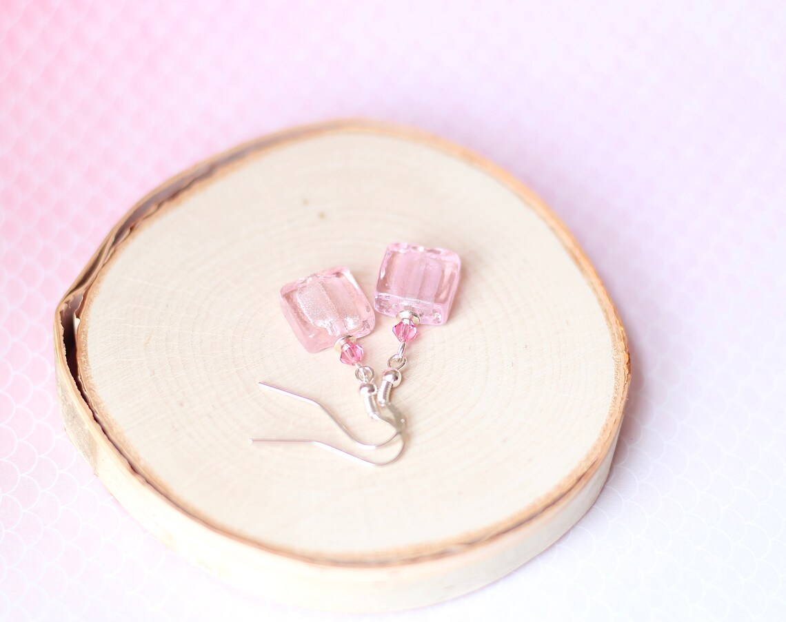 Pastel Pink Earrings Silver Foil Lampwork Glass Earrings Etsy