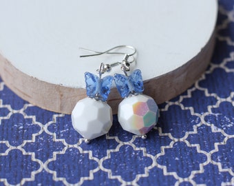 Pretty Cornflower Blue Glass Butterfly Earrings, Unique Vintage White Rainbow Swarovski Crystal Statement, Eclectic Gifts for Mom Gardeners