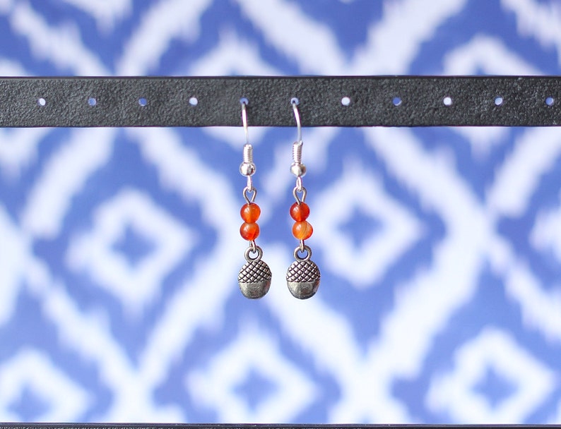 Dainty Silver Acorn Charm Earrings, Orange Carnelian Gemstone, Autumn Fall Fashion, Woodland Forest Inspired, Gifts for Women Nature Lovers image 3
