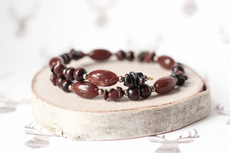 Chocolate Brown Bracelet, Black Brown Jasper Stone Wrap Bracelet, Mother's Day Gifts, Stacking Brown Wood Bracelet, Woodland Neutral Jewelry image 6