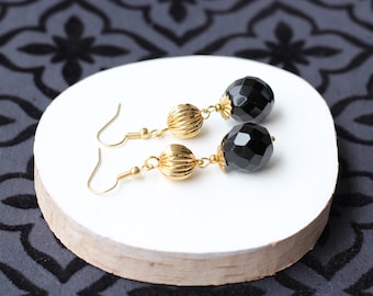 Pretty Opaque Black Vintage Crystals Earrings, Classic Glam Textured Gold Vintage Ribbed Statement, One of a Kind Victorian Gifts for Women