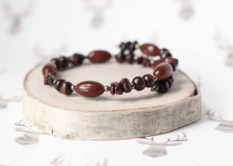 Chocolate Brown Bracelet, Black Brown Jasper Stone Wrap Bracelet, Mother's Day Gifts, Stacking Brown Wood Bracelet, Woodland Neutral Jewelry afbeelding 4