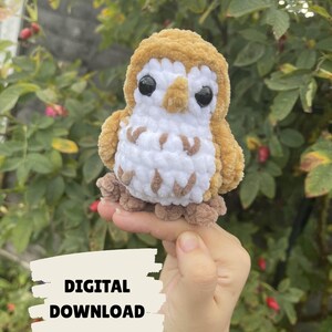 May include: A crocheted owl toy in tan, white, and brown. The owl features large black eyes and a white chest with brown markings. The image includes the text "DIGITAL DOWNLOAD".