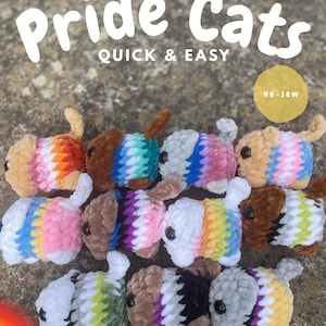 May include: A collection of ten small, plush, crocheted cat figures featuring various multi-coloured striped patterns. Each cat has black bead eyes and a small tail. The image includes the text "pride Cats QUICK & EASY", "no-sew", and "DIGITAL PDF DOWNLOAD @emilybemilyscrafts".
