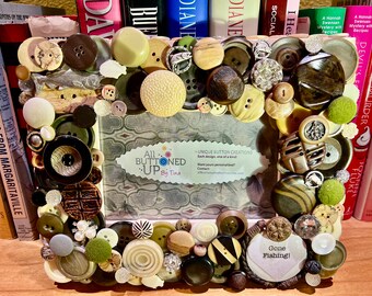 GONE FISHING Button Frame in Brown, Olive, and Gold ~ Rustic Decor ~ Unique Gift - Woodsy Frame ~ Gift for Him - Gift for Her for 4x6 photo