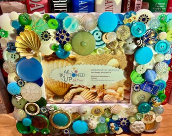 BEACH ~ Button Frame in Tan Green Blue ~ Beach Frame ~ Cottage Decor - Housewarming Gift - Gift for Her - Shabby Chic ~ 4x6 photo