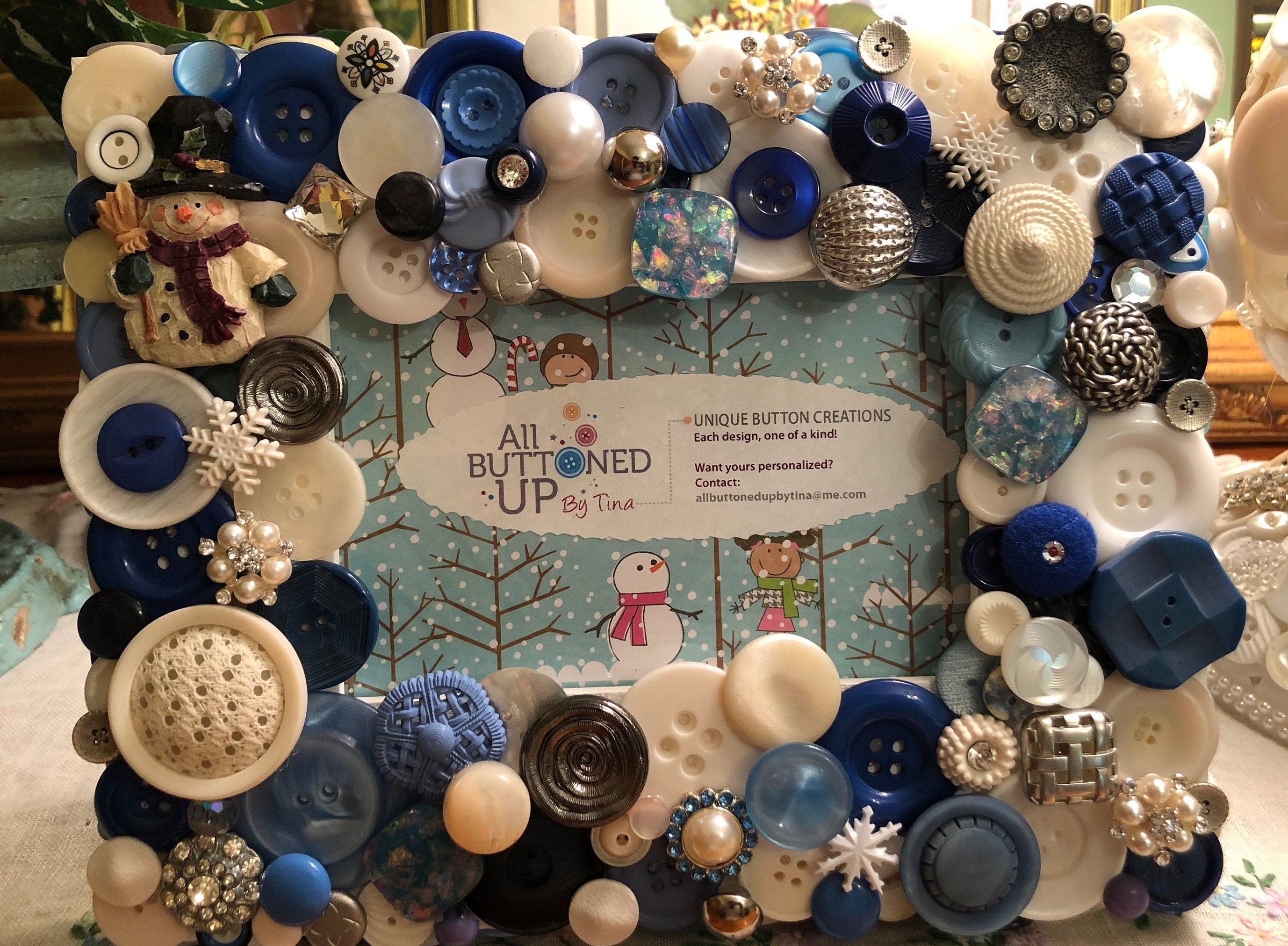 SNOWMAN Themed Button Picture Frame in Blue & White With Icy Winter ...