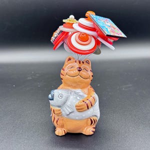 Ginger Tabby Cat Button Bloom - Repurposed Ceramic Cat - One of a Kind Art