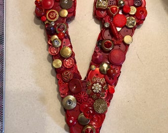 CUSTOM 9 inch Button Initial  ~ Red V ~ Customized Gift ~ Personalized Gift ~ Shower Gift ~ Bridal Gift ~ Gift for Girl ~ Shabby Chic Decor
