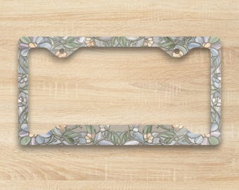 Stained Glass Look Cute License Plate Frame, Pastel Floral Car Accessory, Cute Flower Plate Frame, Vintage Botanical Car Decor