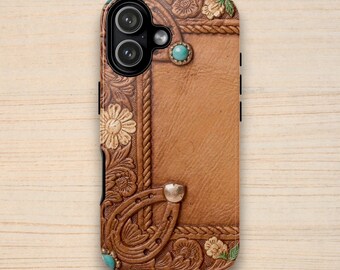 Western Tooled Leather Look Phone Case, Floral Horseshoe iPhone Case, Turquoise Cowgirl Samsung Galaxy Case