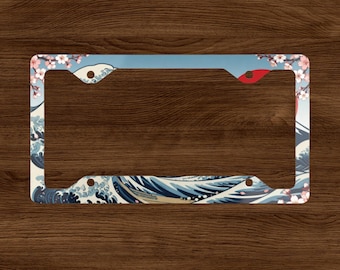 Anime License Plate Frame, Japanese Art License Plate Holder, Ukiyo-e Art Car Accessory, Cherry Blossom Mount Fuji, Elegant Driver Gift