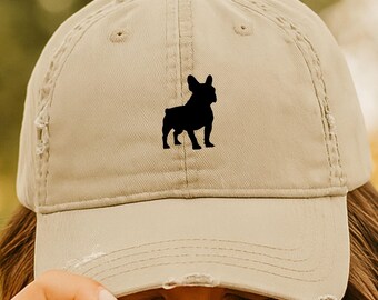 French Bulldog Embroidered Hat, Distressed Frenchie Dad Cap, French Bulldog Ball Cap, Dog Lover Gift, Khaki Dog Hat