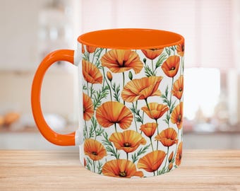 California Poppy Coffee Mug, Orange Two Tone Floral Mug, Poppy Flower Coffee Cup, California Wildflower Gift, Bridesmaid Mug