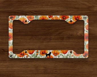 Siberian Husky License Plate Frame California Poppies Floral Car Tag Frame Husky Lover Gift Dog Silhouette Auto Accessories