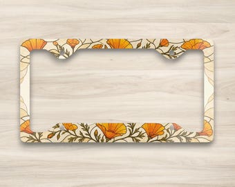 California Poppy License Plate Frame, Art Nouveau Floral Car Accessory, Vintage Botanical California Wildflower Auto Decor