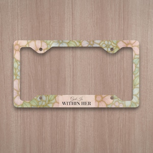 God Is Within Her License Plate Frame, Christian Car Accessory, Floral Stained Glass Look, Bible Verse Gift for Women