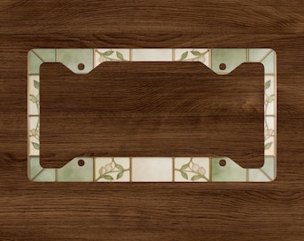 License Plate Frame, Sage and Ivory Botanical License Plate Cover, Minimal Stained Glass Look, Neutral Floral Car Accessory Gift