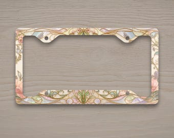 Cadre de plaque d'immatriculation effet vitrail aux tons pastel doux, porte-plaque d'immatriculation floral botanique, accessoire auto Art nouveau, cadeau élégant pour voiture