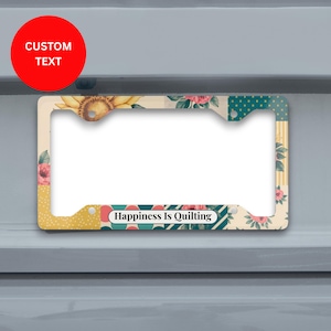 Personalized Vintage Quilt Sunflower License Plate Frame, Custom Quilter Gift, Floral Patchwork Car Accessory, Rustic Farmhouse Auto Tag