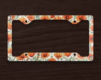Cadre de plaque d'immatriculation pavot de Californie, accessoire de voiture floral colibri, décoration de voiture fleurs de Californie, cadeau amoureux de la nature pour elle