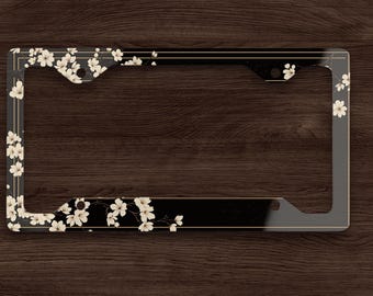 Floral License Plate Frame, Cherry Blossom Car Accessory, Sakura Car Decor, Feminine Vehicle Frame, Gift for Her, Flower License Plate Cover
