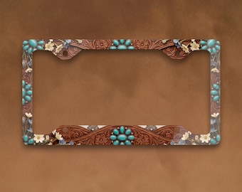 Western Turquoise License Plate Frame, Tooled Leather Look Floral Car Accessory, Cowgirl Gift, Rustic Wildflower Auto Decor