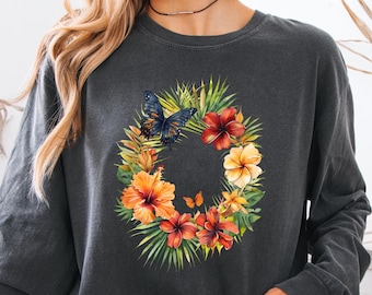 T-shirt à manches longues avec couronne d'hibiscus tropicale d'automne, T-shirt papillons et fleurs aux couleurs confortables, T-shirt botanique hawaïen, Cadeau pour elle