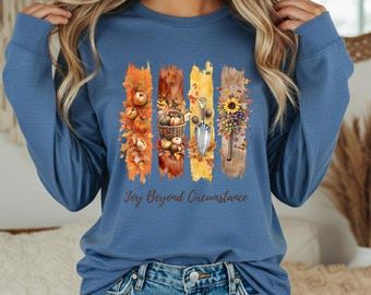 T-shirt à manches longues avec citrouille pour Thanksgiving, couleurs automnales apaisantes, joie au-delà des circonstances, cadeau chrétien d'automne, t-shirt fleuri