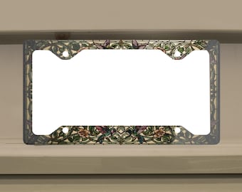 Cadre de plaque d'immatriculation, colibris et fleurs aspect vitrail, couvre-plaque d'immatriculation oiseau coloré, accessoire de voiture à fleurs Art nouveau