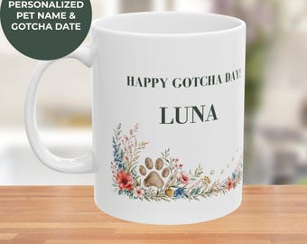 Personalized Gotcha Day Mug, Custom Pet Adoption Gift, Rescue Dog or Cat Parent Coffee Cup, Pet Name and Adoption Date Ceramic Mug