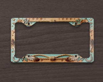 Cadre de plaque d'immatriculation cow-girl, accessoire de voiture western, décoration rustique bohème turquoise, cadeau rodéo pour elle, cadre pour étiquette de voiture country girl