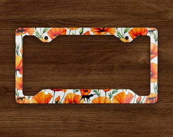 German Shorthaired Pointer License Plate Frame, California Poppy Floral Car Accessory, Dog Lover Gift, Flower License Plate Cover