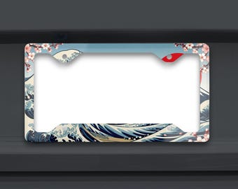 Japanese License Plate Frame, Japanese Art Car Accessory, Mount Fuji Cherry Blossom Frame, Great Wave Anime Car Decor, Driver Gift