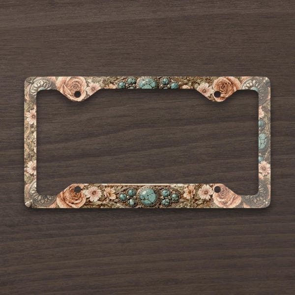 Desert Bloom Turquoise License Plate Frame, Western Floral Car Tag Frame, Cowgirl Chic Turquoise Concho Car Accessory