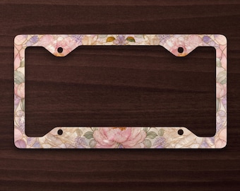 Cadre de plaque d'immatriculation pivoine pastel, accessoire de voiture floral aspect vitrail, couvre-plaque d'immatriculation fleur rose