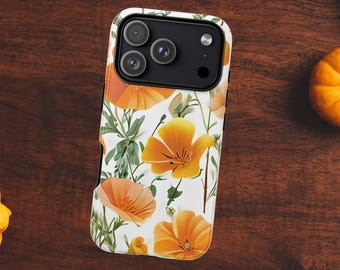 Coque de téléphone résistante à motif pavot de Californie, coque orange à fleurs sauvages pour iPhone, Samsung Galaxy et Google Pixel, cadeau de protection florale et naturelle