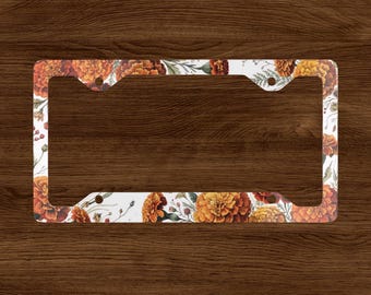 License Plate Frame, October Birth Flower Marigold, Floral License Plate Cover, Botanical Wildflower Car Accessories
