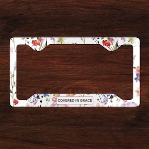 Wildflower Design Metal License Plate Frame - Christian Gifts - Covered In Grace - Cute Car Accessories - Faith License Plate Cover