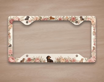 Floral Dachshund License Plate Frame, Dachshund Mom Gift, Vintage Floral Car Accessory, Cute Doxie Dog Lover Gift