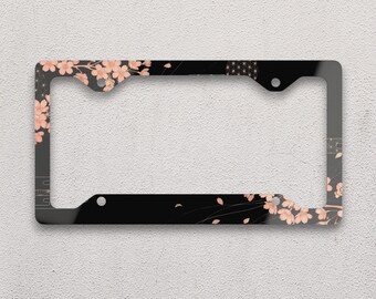 Japanese Sakura License Plate Frame, Black Floral License Plate Holder, Blush Cherry Blossom Car Accessory, Cute Car Decor Gift