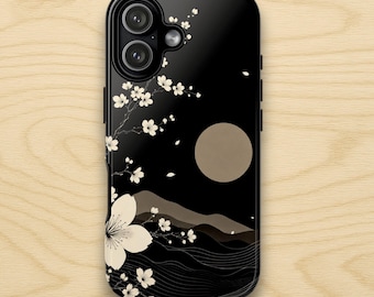 Moon Blossom Tough Phone Case, Japanese Sakura, Black Floral, Moon Landscape, Luxury iPhone Samsung Google Pixel Case