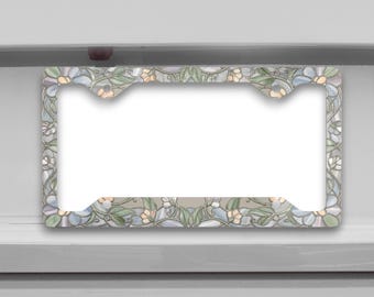 Joli cadre de plaque d'immatriculation aspect vitrail pastel, accessoire de voiture floral botanique vintage, décor Cottagecore doux