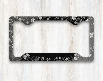Midnight Botanical Delicate Border Line Art License Plate Frame, Black White Floral Car Frame, Elegant Wildflower Car Accessory