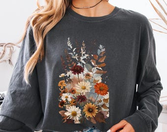 Fall Wildflower Long Sleeve Shirt, Comfort Colors 6014, Autumn Floral Shirt, Cottagecore Shirt, Botanical Graphic Tee, Cozy Fall Gift