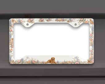Floral Golden Retriever License Plate Frame, Golden Retriever Mom Gift, Vintage Floral Car Accessory, Dog Lover Gift