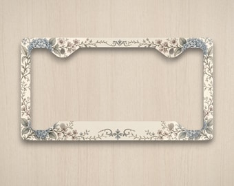 Cadre de plaque d'immatriculation motif hortensia bleu, accessoire de voiture floral fleurs de cerisier, décoration automobile vintage jardin botanique, cadeau élégant aux fleurs bleues