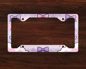 Cadre de plaque d'immatriculation style anime, cadre de plaque d'immatriculation rose mignon, accessoire de voiture kawaii avec nœud pastel, décoration de voiture girly, cadeau pour elle