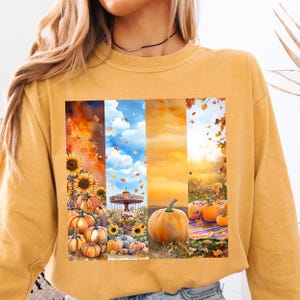 Ontwerpshirt herfstpaneel met pompoenen en bladeren, comfortabele kleuren met lange mouwen, cadeau voor haar